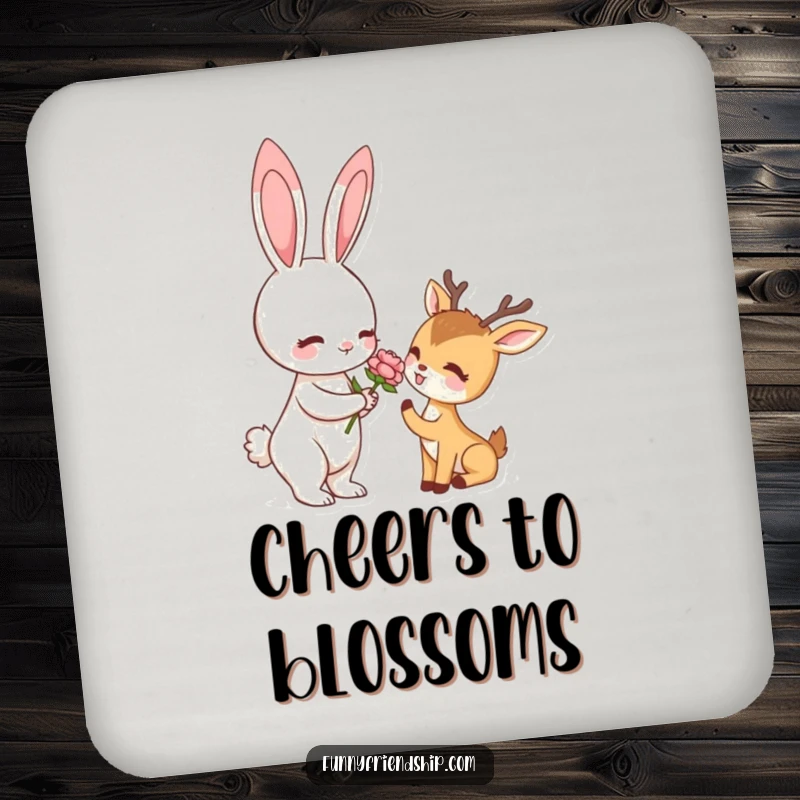Funny drink coaster featuring a rabbit offering a flower to a deer, a charming and humorous addition to any table setting.