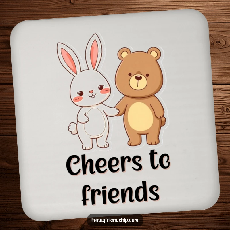 Funny rabbit and bear characters holding hands, a humorous cartoon drink coaster protecting surfaces with charm.