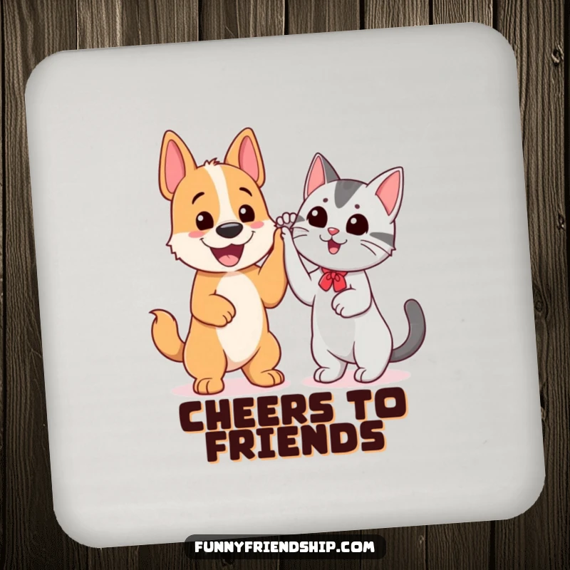 Funny drink coaster featuring a cheerful dog and cat giving each other a high five, symbolizing friendship.