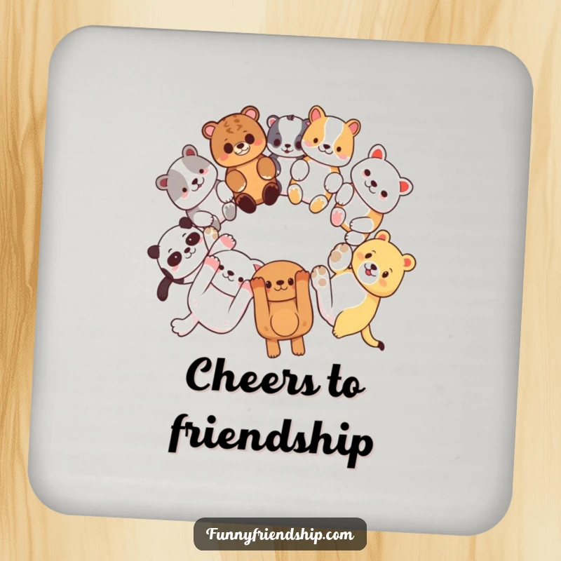 Funny drink coasters with diverse animal characters linking paws in a circle, protecting surfaces with a touch of humor.