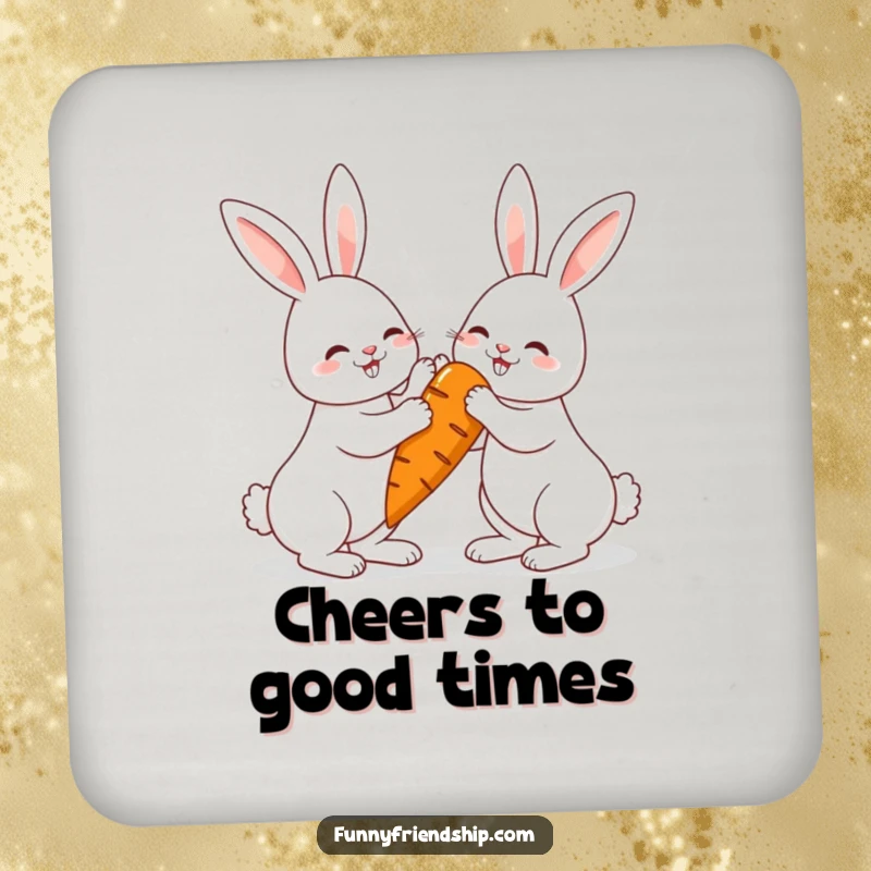 Funny rabbit drink coaster with two high-fiving bunnies and a giant carrot, a protective and charming home accessory.