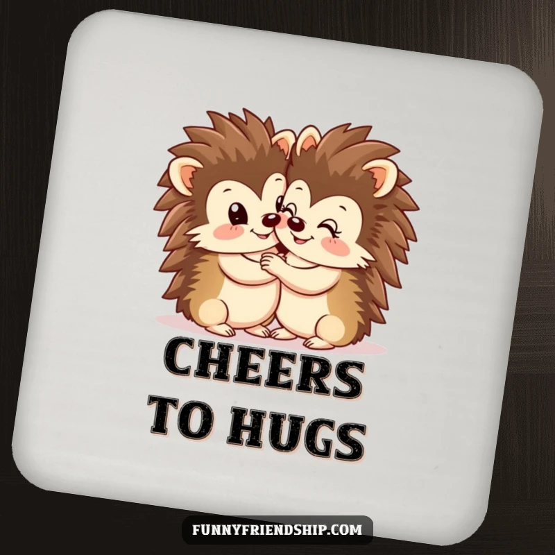 Funny Hedgehog Hug Coasters: Two smiling hedgehogs hugging, cute protection for drinks, set of 4, a practical funny gift.