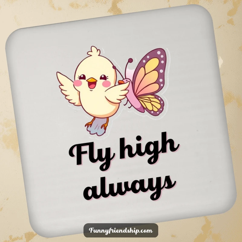 Funny drink coaster featuring a bird and butterfly flying together, adding whimsy to table protection.