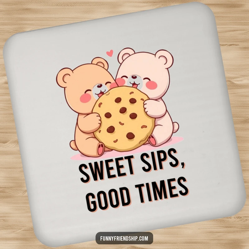 Funny drink coasters displaying two cute bears joyfully sharing a giant cookie, adding friendship humor.