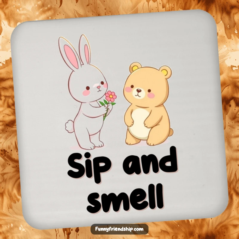 Funny Bunny and Bear Flower Coasters: Bunny offers flower to bear, cute table protection, set of 4, a funny gift.