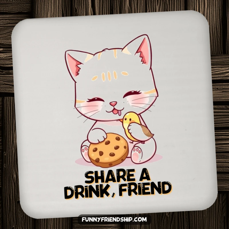 Funny Cat Bird Cookie Coaster displaying a cat character sharing a cookie with a tiny bird, protecting surfaces with a heartwarming and sweet touch.