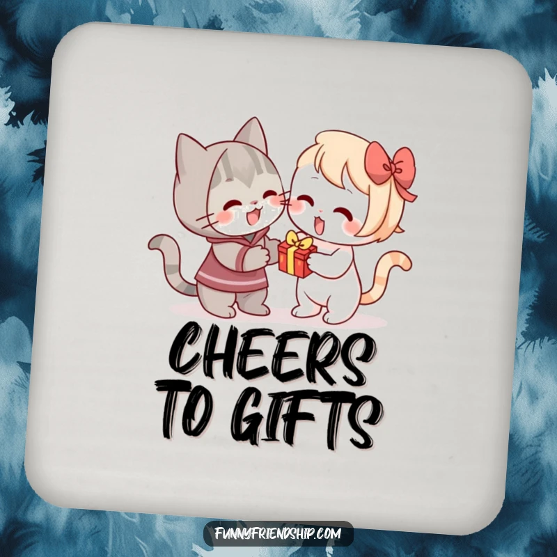 Funny drink coasters displaying a cat enthusiastically offering a small gift, adding feline and gift-giving humor.