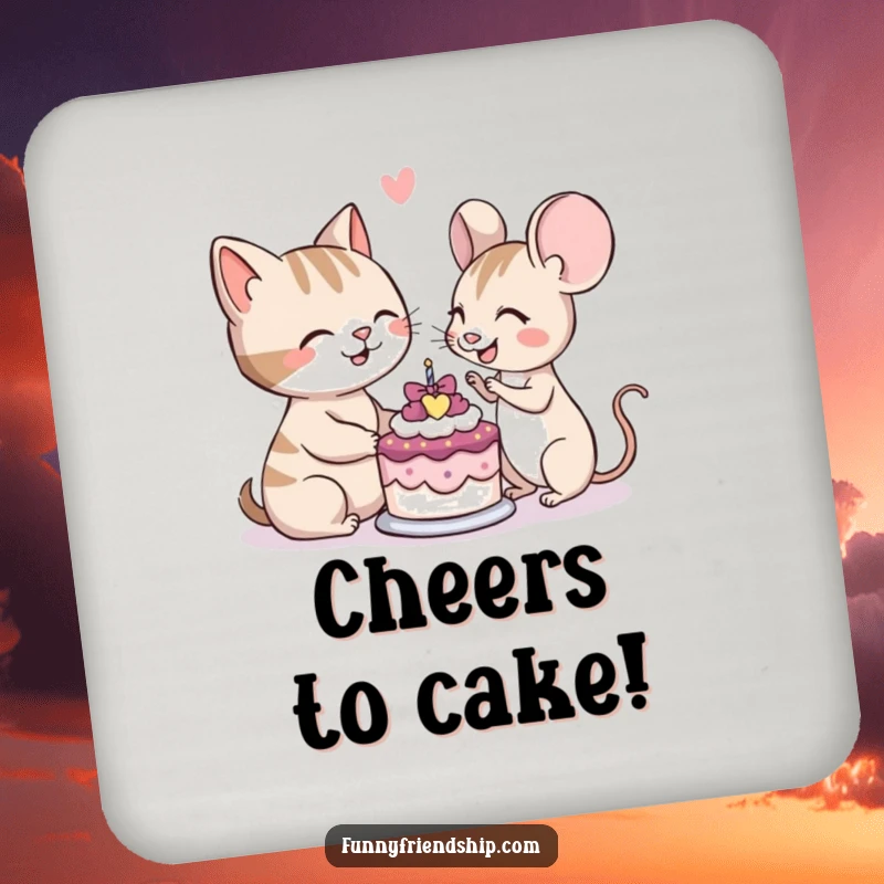 Funny coaster featuring a cat and mouse character smiling while sharing a small cake, adding cute protection to tables.
