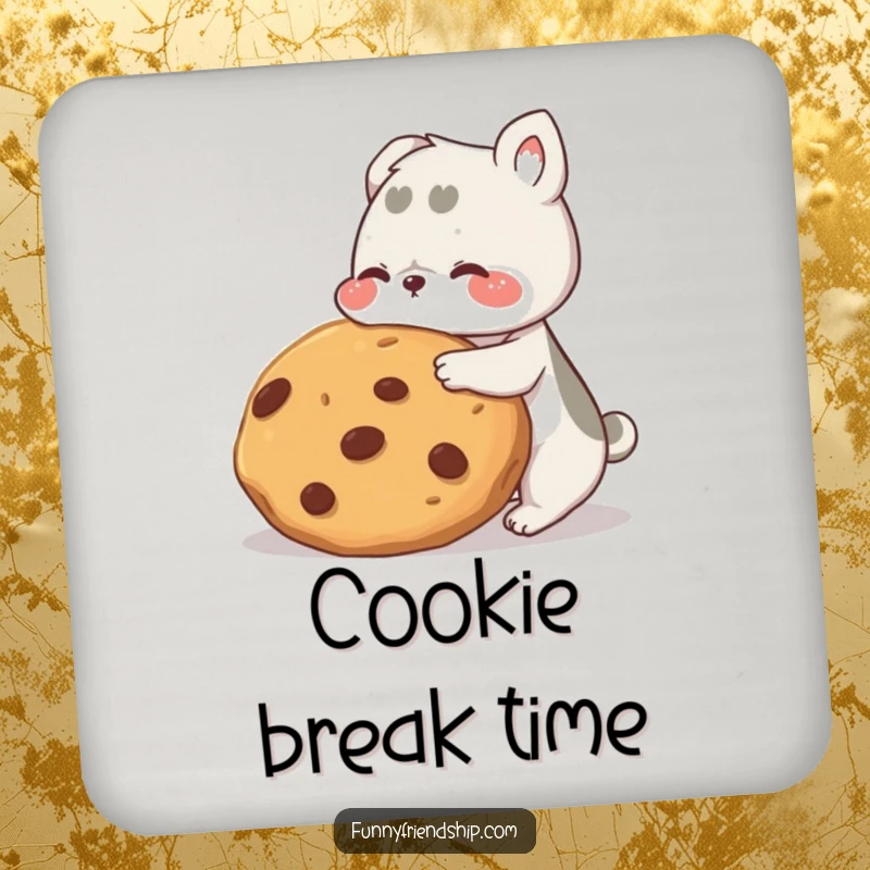 Funny animal friends coaster, round surface protector with two characters sharing a giant cookie, adding humor to tabletops.