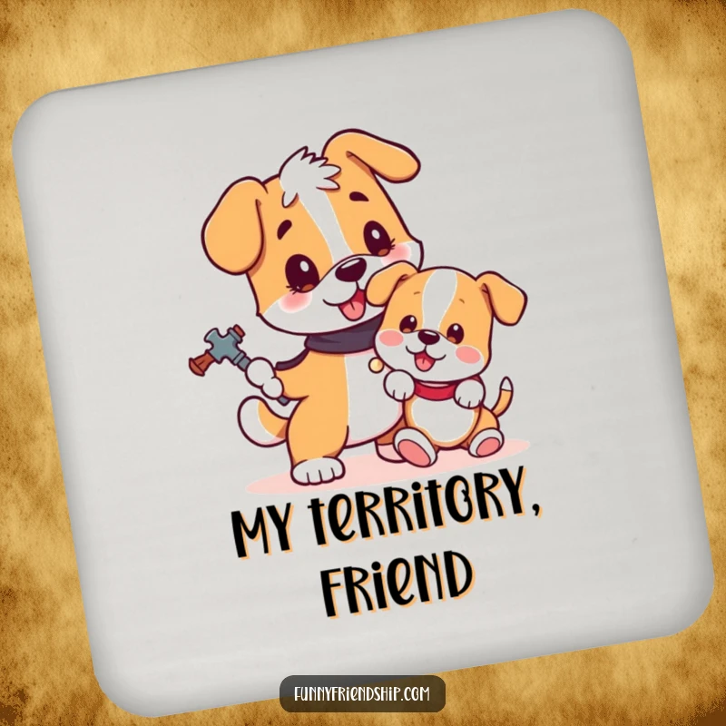 Funny dog drink coasters featuring a loyal dog and a playful puppy, protecting your drinks with adorable humor.