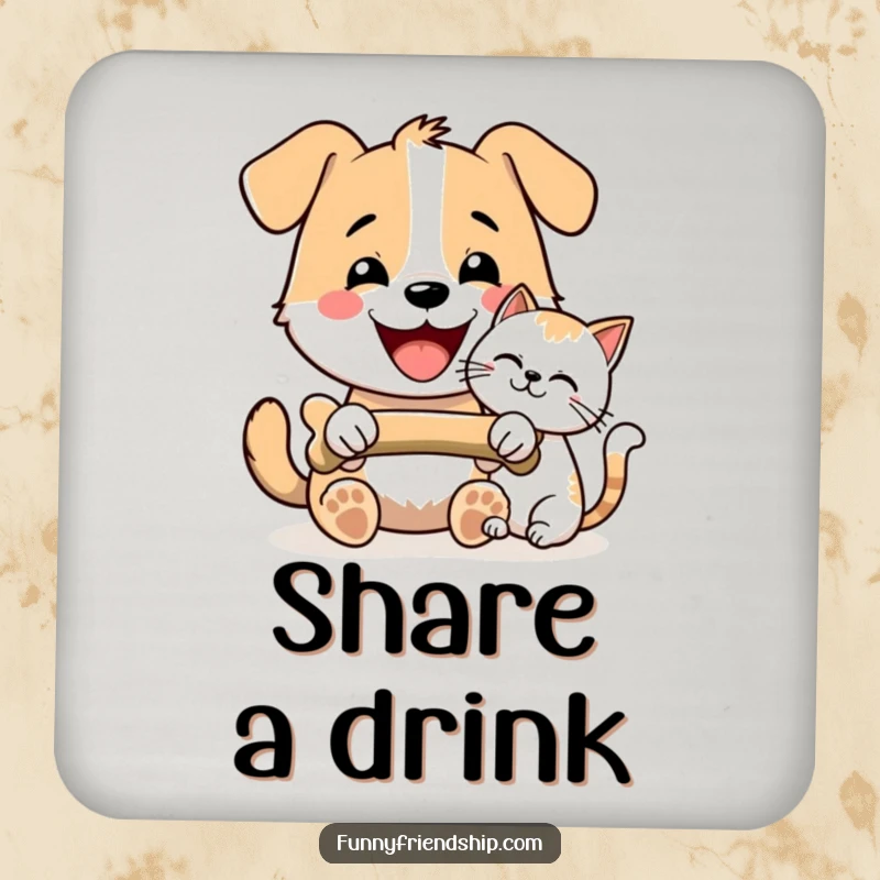 Funny Dog and Cat Bone Sharing Coasters: Dog and cat sharing a bone, cute and funny table protection, set of 4, a funny gift.