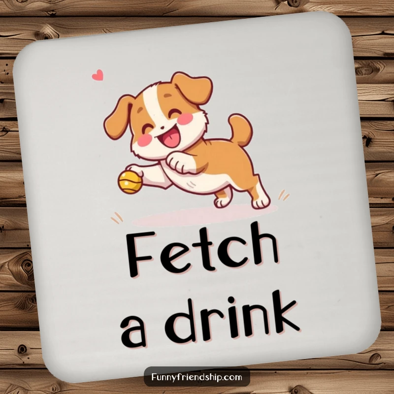 Funny dog character coasters with a playful dog fetching a ball with a happy, cheering friend, protecting surfaces.