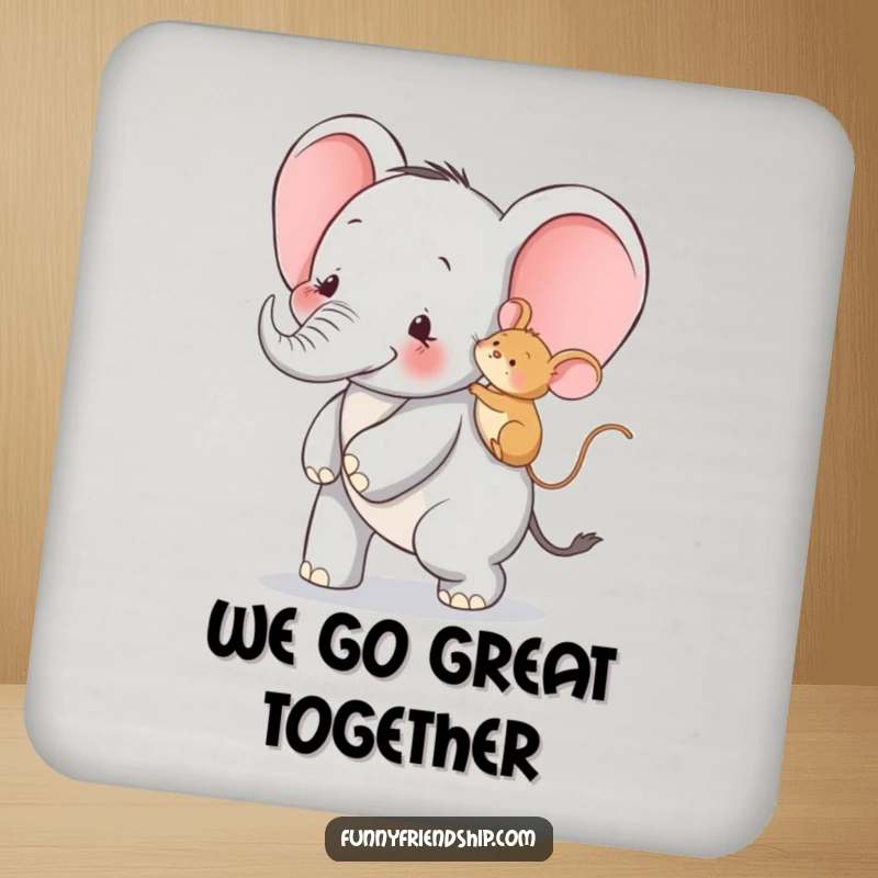 Funny drink coaster set featuring an elephant giving a mouse a piggyback ride, protecting tables with a smile.