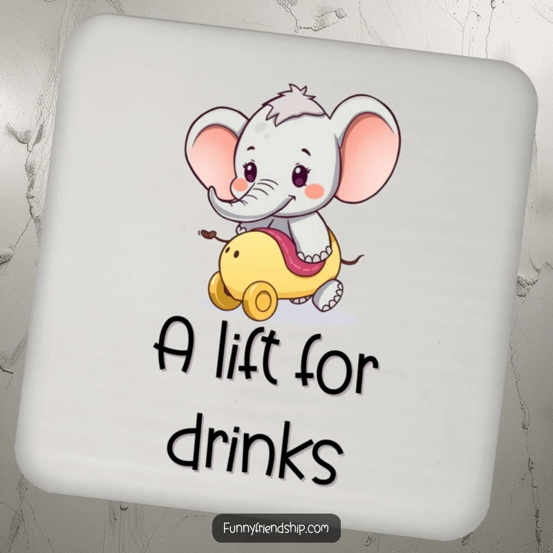 Funny Coasters: Set featuring a playful elephant offering a ride on its trunk, perfect for adding charm to any table.