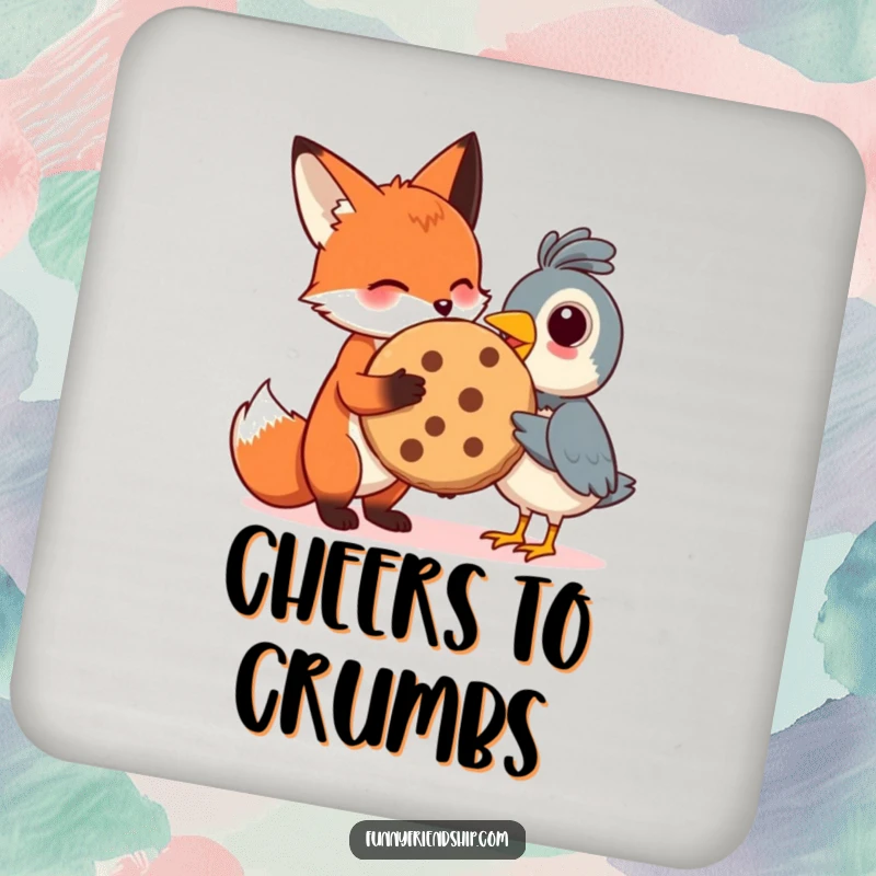 Funny drink coaster featuring a fox sharing a cookie with a bird, adding a touch of humor and sweetness to any table.