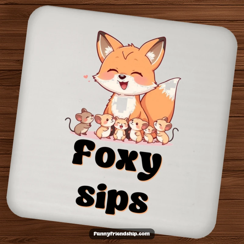 Funny drink coasters illustrating a friendly fox character laughing with small, happy mice, adding whimsical charm to tabletops.