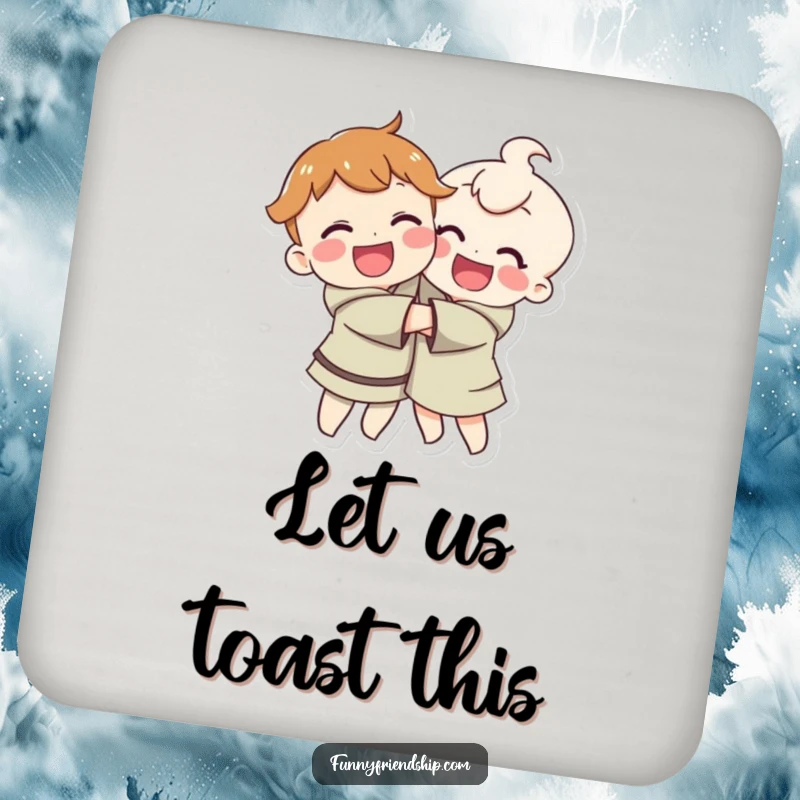 Funny drink coaster set featuring happy characters hugging, protecting tables with a symbol of love and joy.