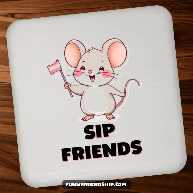 Funny drink coasters illustrating a small, happy mouse character enthusiastically waving a tiny friendship flag, adding charming vibes to tabletops.