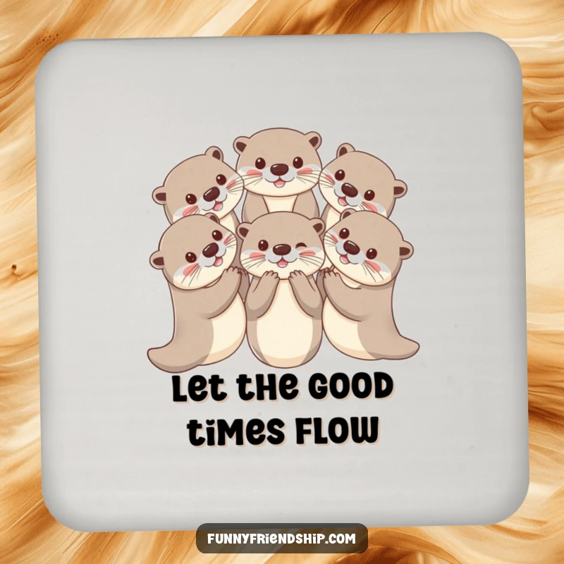 Funny otter drink coaster with playful otters holding paws in a circle, a protective and charming home accessory.