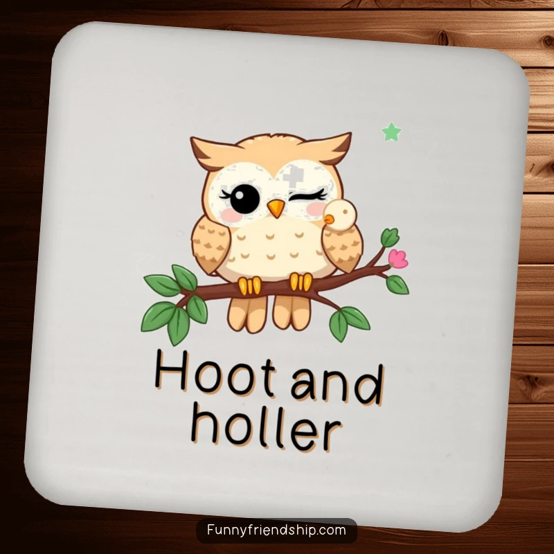 Funny Coasters: A winking owl shares a branch with another owl, providing witty humor and drink protection.
