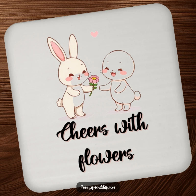 Funny rabbit character coasters with a cute bunny giving a flower to a happy friend, adding gentle charm.