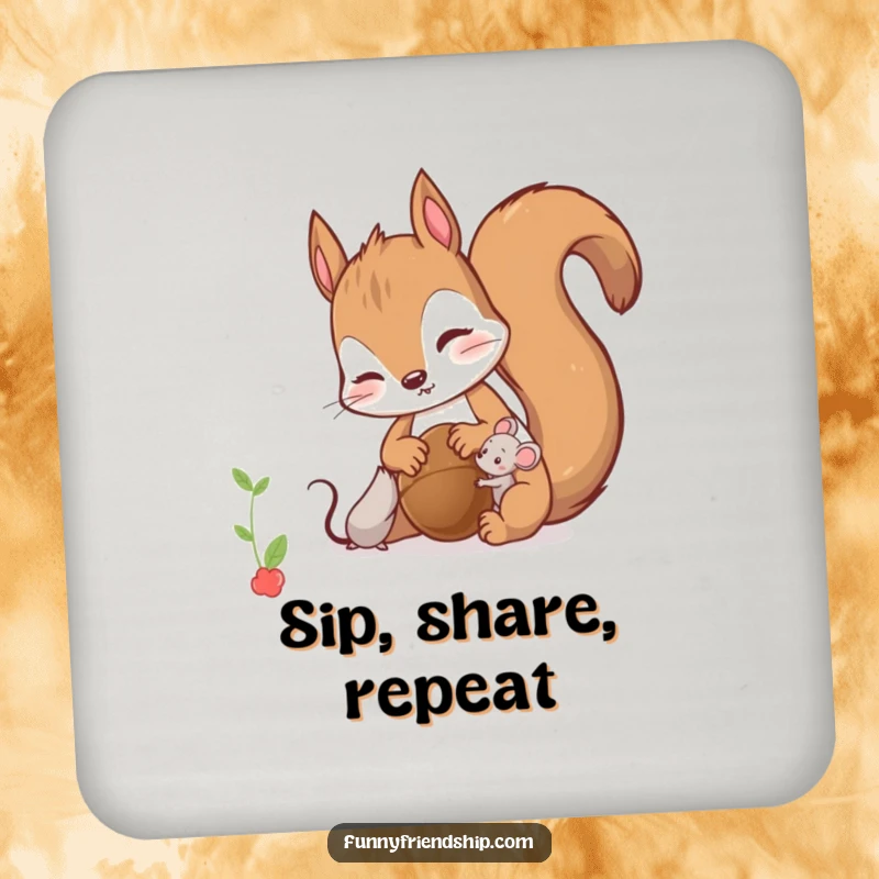 Funny Coasters: Set featuring a curious squirrel sharing a nut with a tiny mouse, perfect for adding charm to any table.