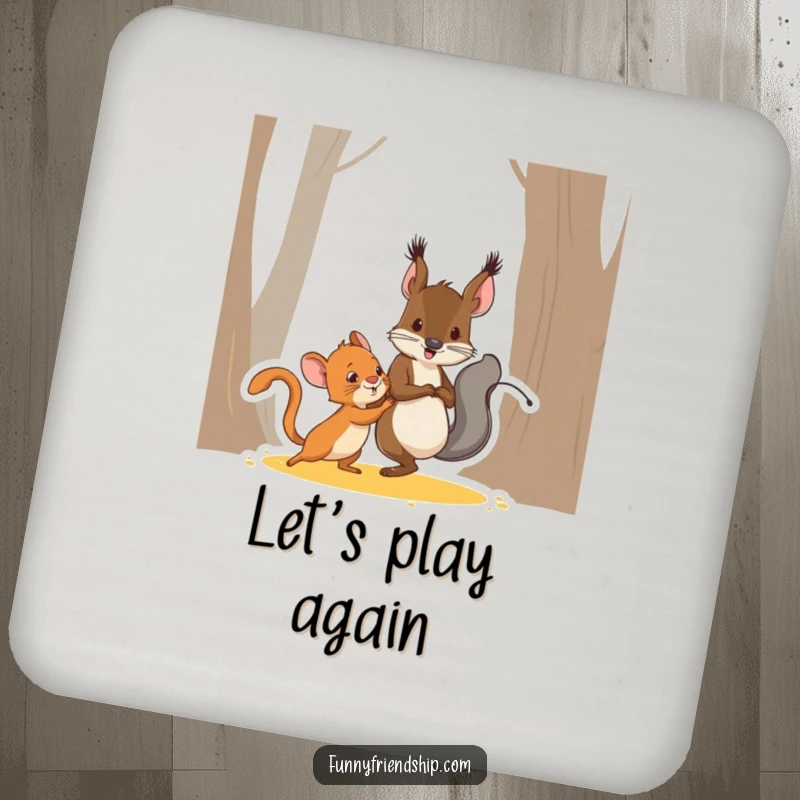 Funny squirrel and mouse characters playing tag, a humorous cartoon drink coaster for protecting surfaces with playful charm.