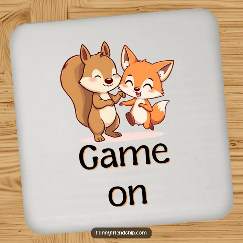 Funny drink coaster depicting a squirrel and a fox character playing tag, protecting surfaces with woodland charm.