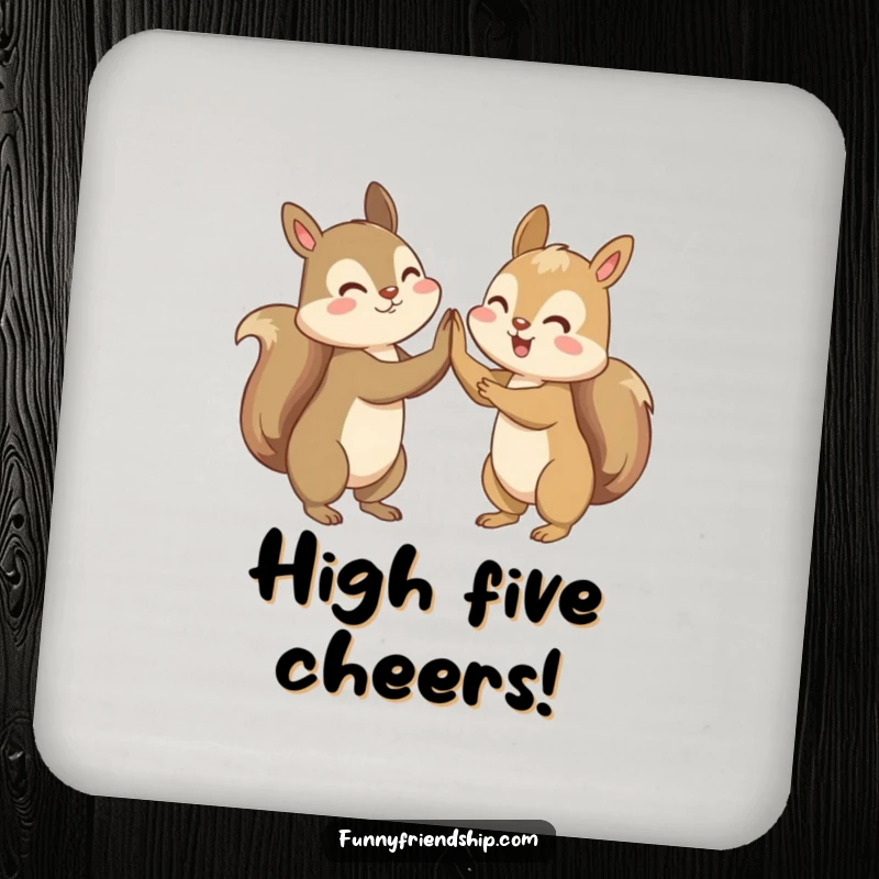 Funny drink coasters displaying two squirrels enthusiastically high-fiving, adding celebration and friendship humor.