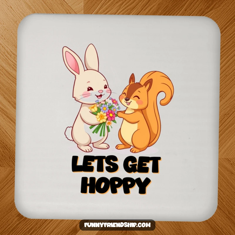 Funny drink coaster with a playful rabbit offering a flower bouquet to a squirrel, protecting surfaces with cute nature art.