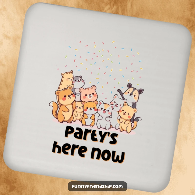 Funny Coaster: Diverse animal characters tossing confetti at each other, a humorous and functional table protector.