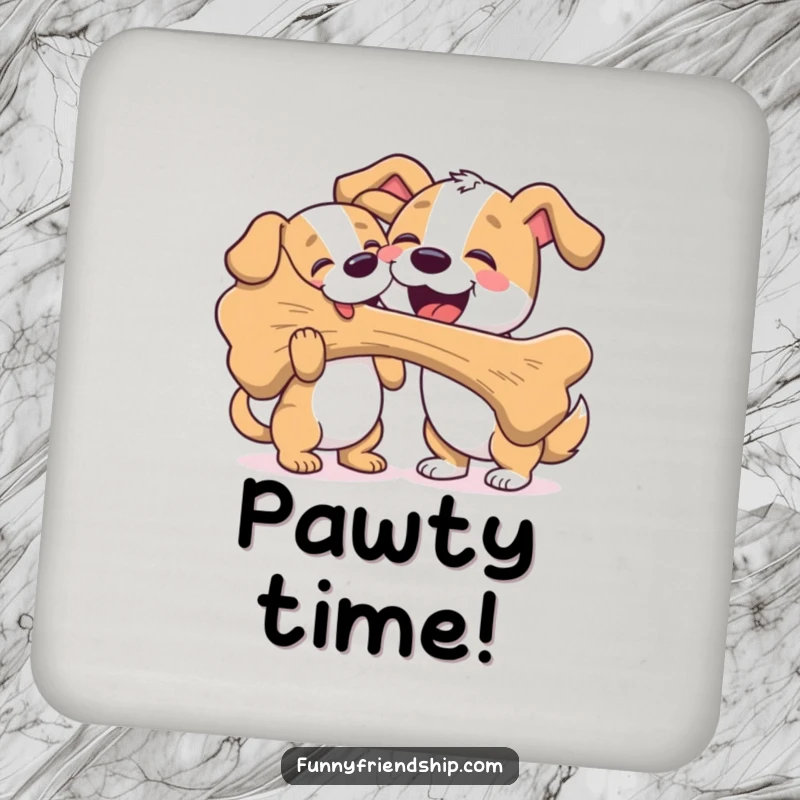 Funny drink coaster with two dogs, one sharing a large bone with another, protecting surfaces with cute dog art.
