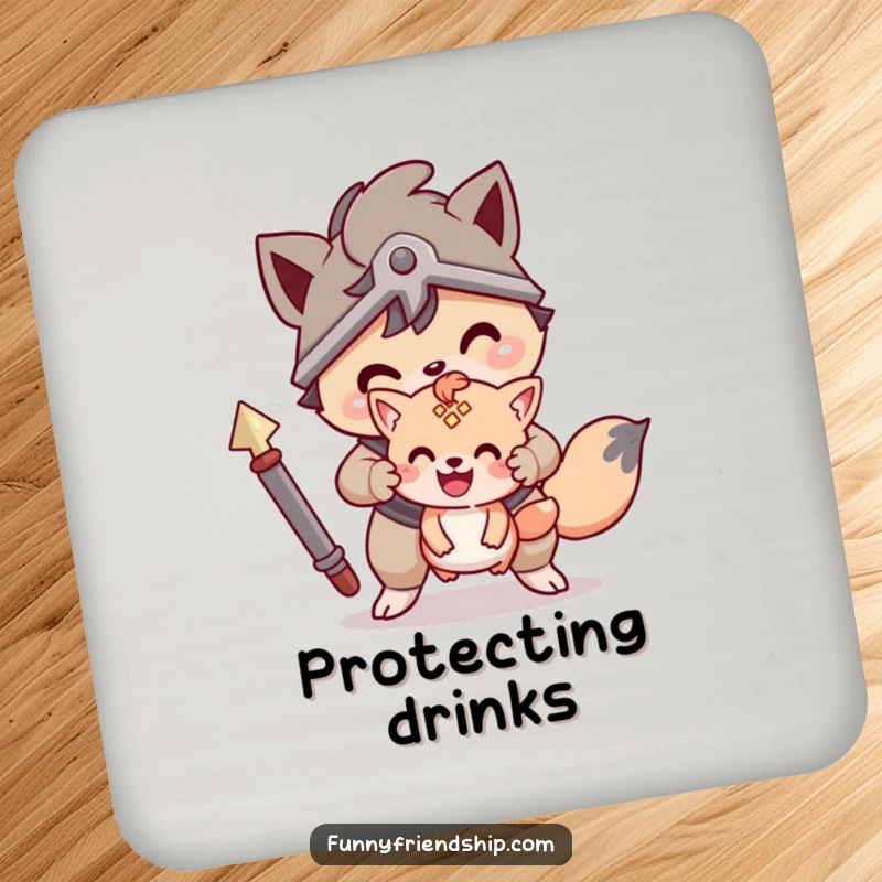 Funny drink coaster with a brave animal character protecting a smaller friend, protecting surfaces with a courageous design.