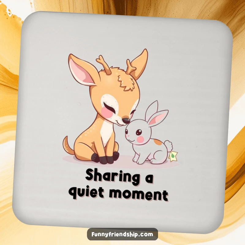 Funny drink coaster featuring a gentle deer character nudging a small rabbit, adding a touch of nature's tenderness to any drink setting.