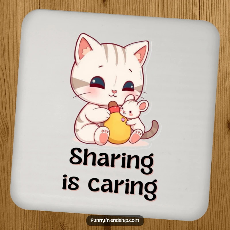 Funny coaster: a cat character shares a toy with a small mouse, a humorous coaster to protect surfaces with kindness.