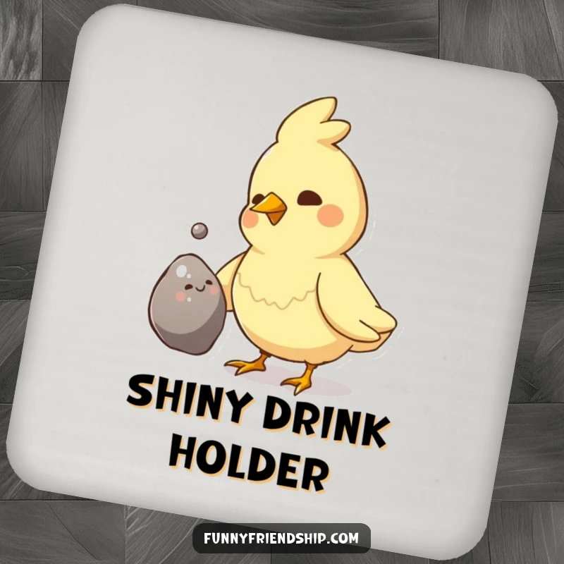 Funny Bird Pebble Gift Coasters: Bird presents shiny pebble, cute table protection, set of 4, a funny gift.