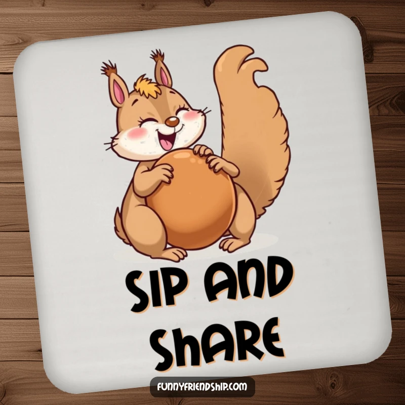 Funny squirrel character coasters with a joyful squirrel sharing a giant nut with a happy friend, protecting surfaces.
