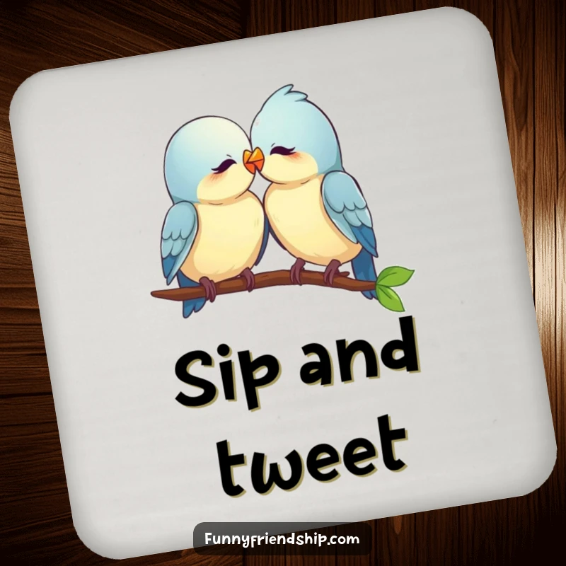 Funny love birds coaster, two birds nuzzling closely, adding a touch of romantic humor to tabletops.