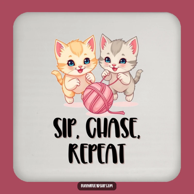 Funny Kitten Yarn Chase Drink Coaster - Playful Cartoon Table Protector Gift