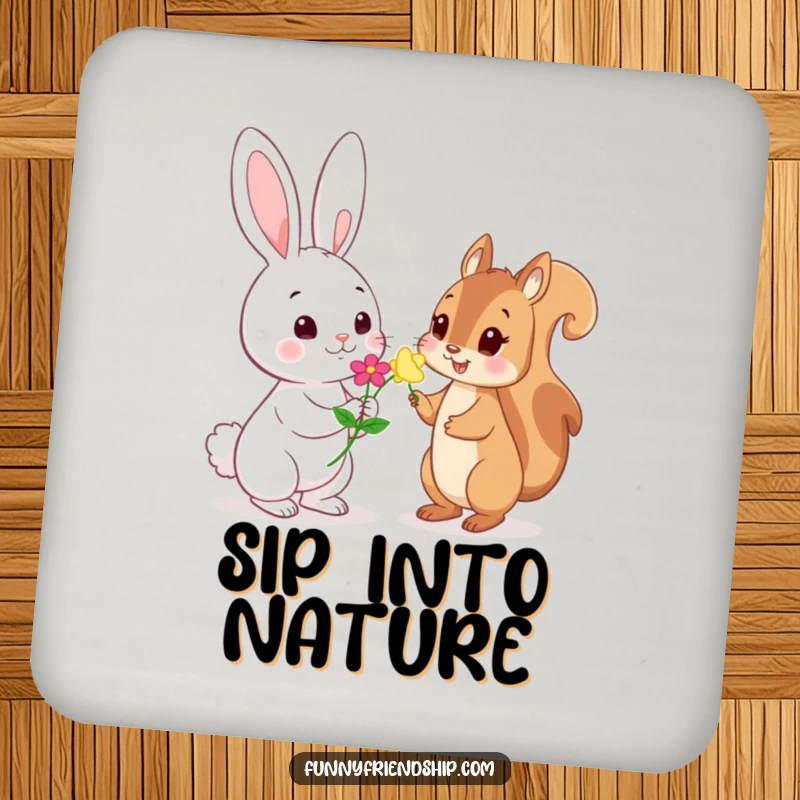 Funny Coaster: Playful rabbit character offering a flower to a shy squirrel character, a humorous and functional table protector.