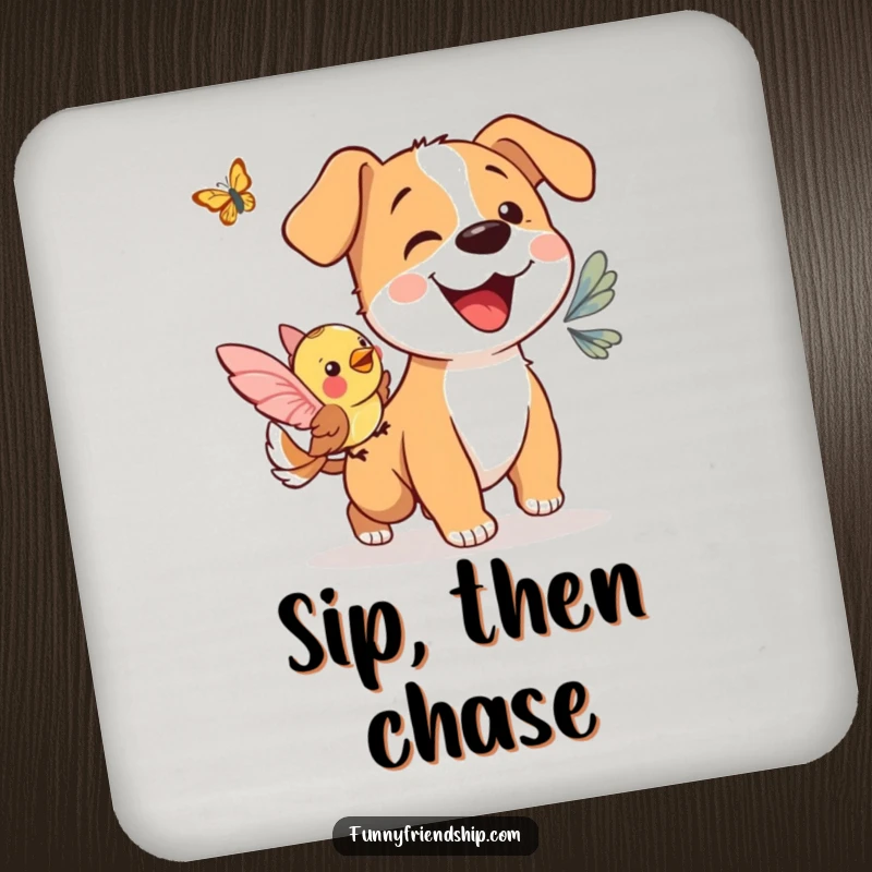 Funny drink coasters: a dog and bird chasing a butterfly, protecting tables with a humorous touch.