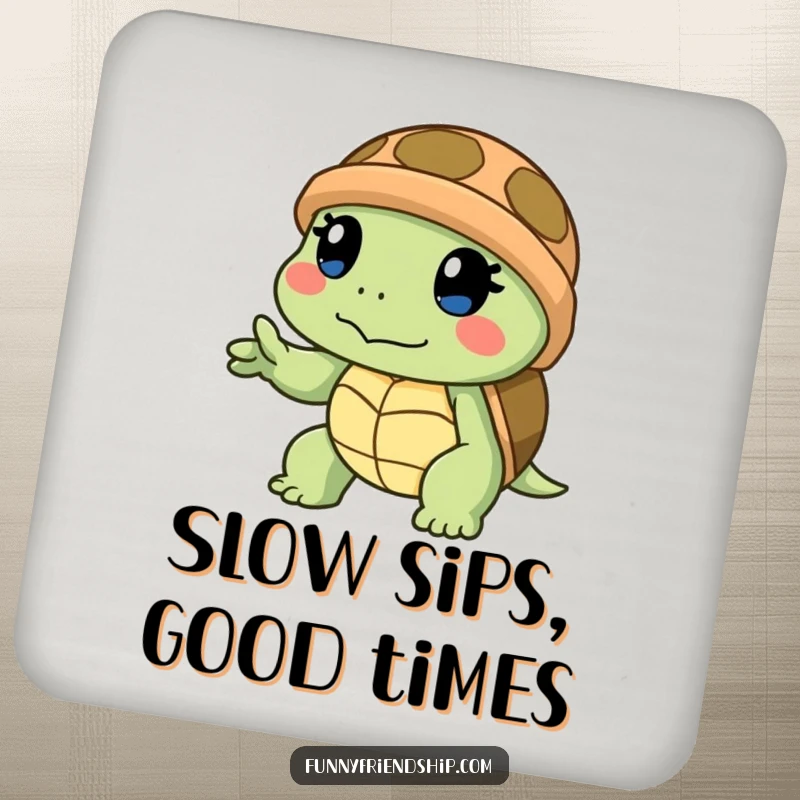 Funny drink coaster featuring a determined turtle slowly extending a helping hand, adding a supportive and protective touch.