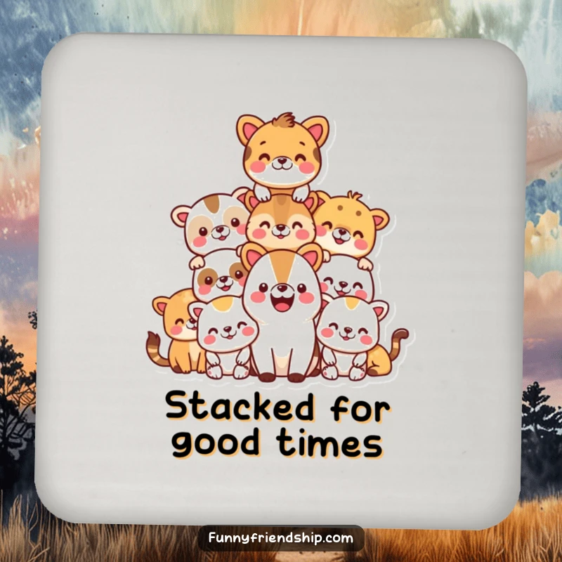 Funny drink coaster set featuring a pyramid of happy animals, protecting tables with a touch of humor.