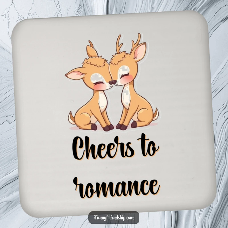 Sweet deer coasters featuring two deer characters nuzzling affectionately, adding a romantic and charming touch to tabletops.