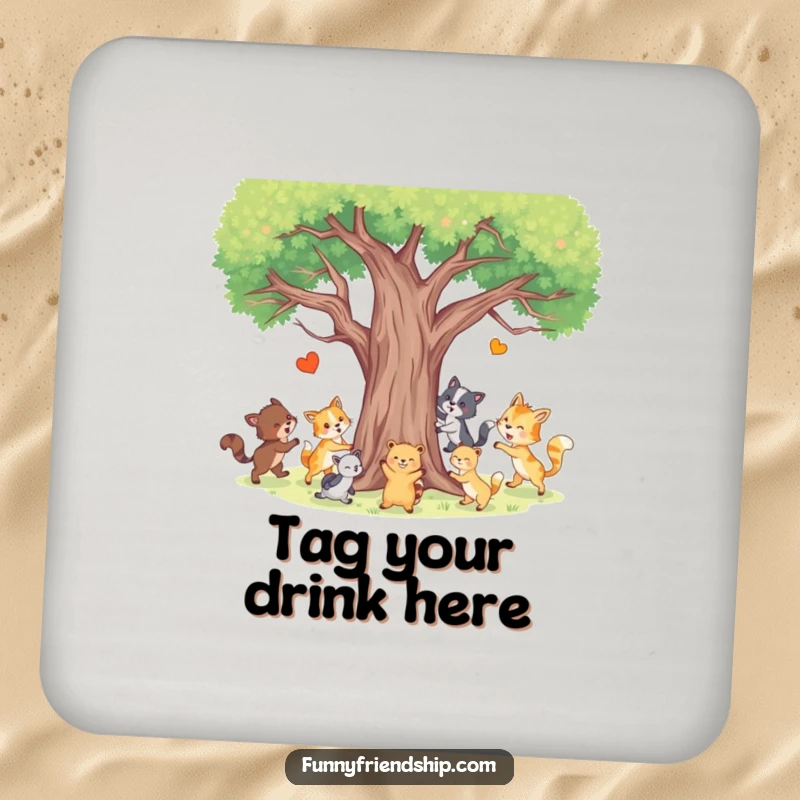 Funny Animal Tag Coaster displaying happy animals playing tag around a tree, protecting surfaces with a humorous and playful touch.