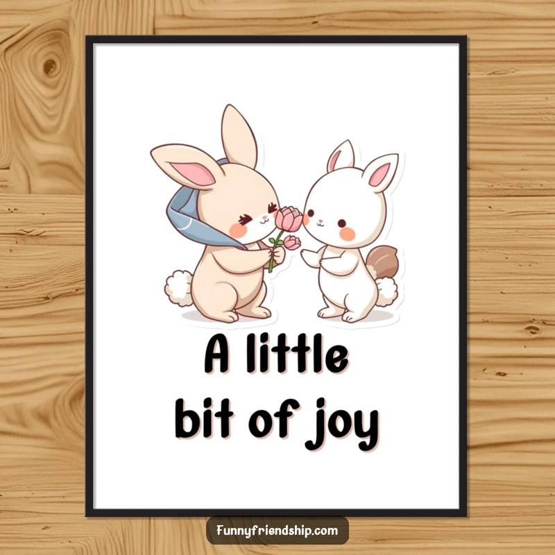 Funny poster: a bunny character offers a flower to another animal, creating a humorous and heartwarming artwork about kindness.