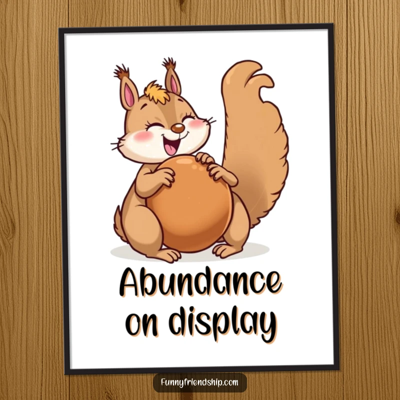Funny squirrel character poster showing a joyful squirrel sharing a giant nut with a happy friend, symbolizing kindness.