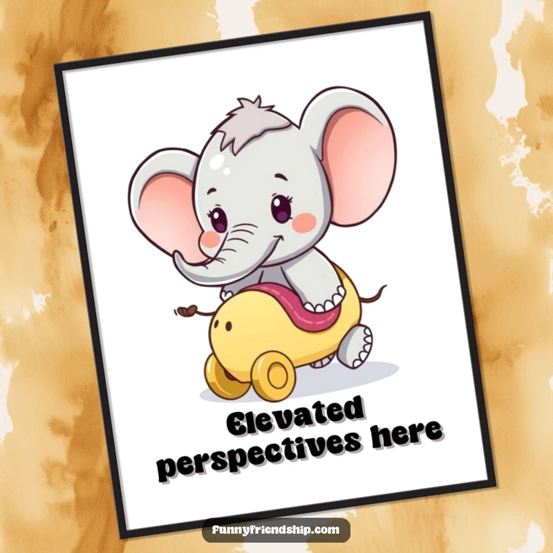 Funny Poster: A playful elephant character offering a ride on its trunk, creating a whimsical and adventurous piece of art.