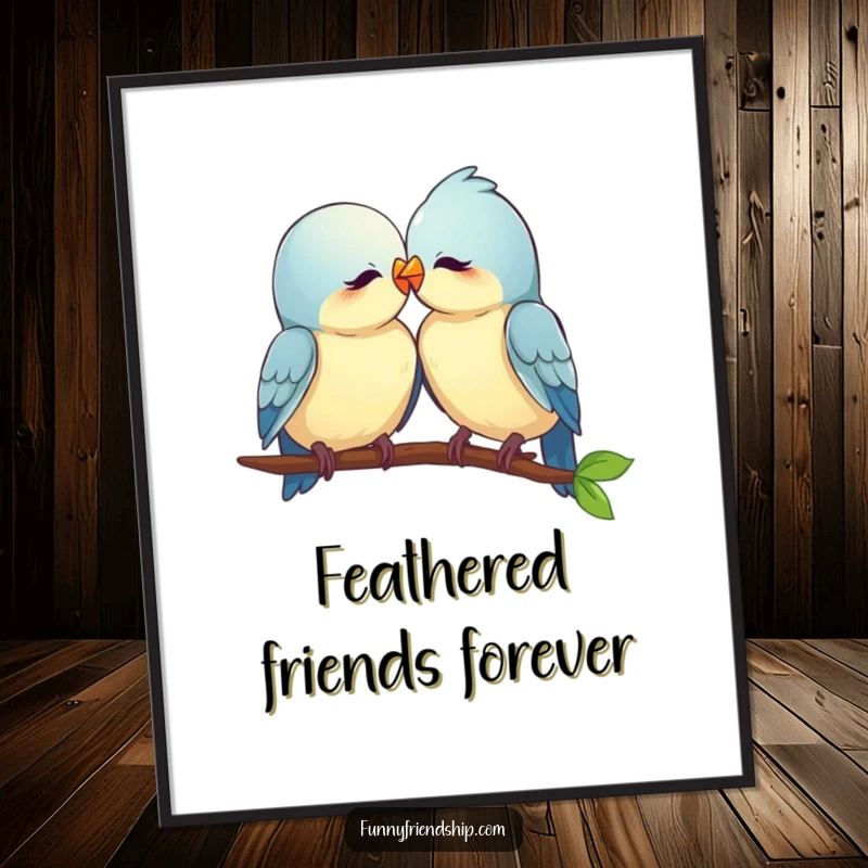 Funny love birds poster, two birds nuzzling affectionately, romantic art print symbolizing love and togetherness for wall decor.