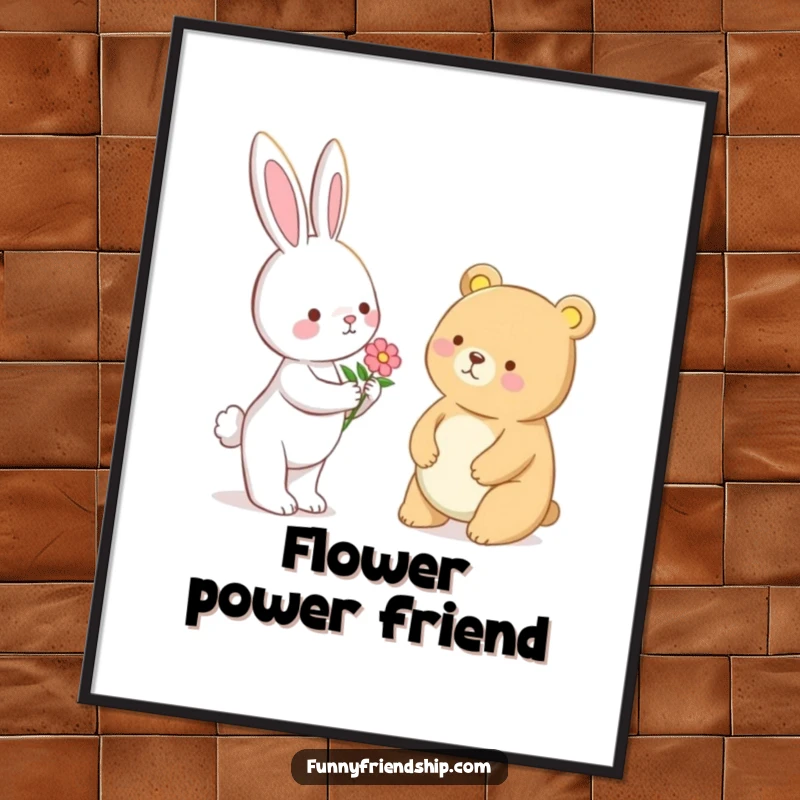 Funny Bunny and Bear Flower Poster: Bunny giving flower to bear, cute illustration, promoting kindness and friendship, a funny gift.